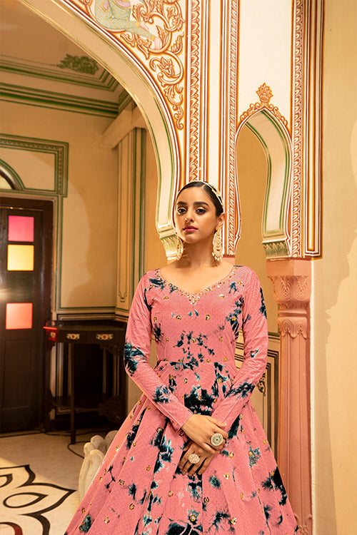 Peach Cotton Shibori Print With Sequince Embroidered Anarkali Gown