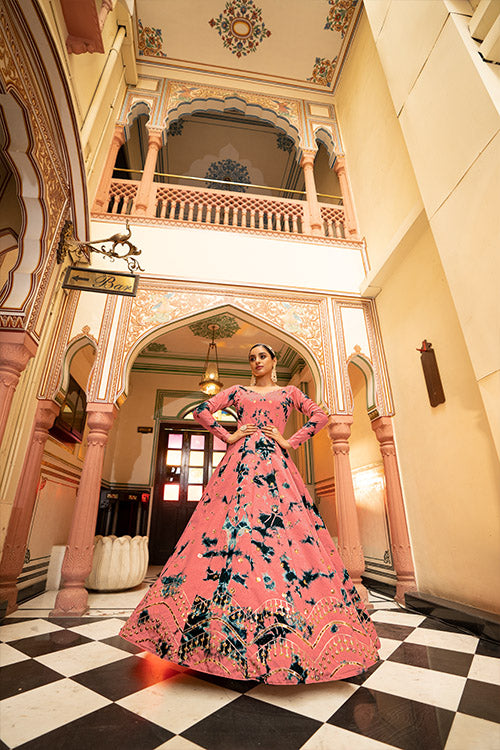 Peach Cotton Shibori Print With Sequince Embroidered Anarkali Gown