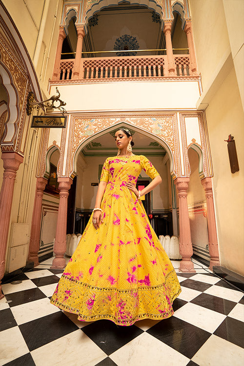 Yellow Cotton Shibori Print With Sequince Embroidered Anarkali Gown