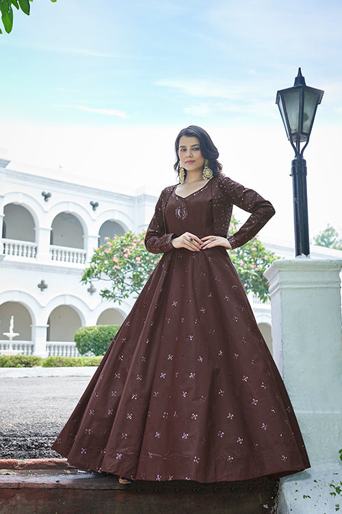 Dark Maroon Cotton Sequince Embroidered Anarkali Gown