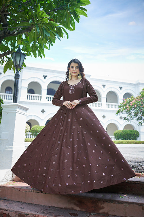 Dark Maroon Cotton Sequince Embroidered Anarkali Gown