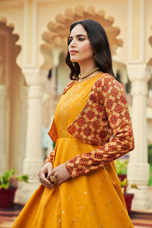 Mustard Yellow Cotton Sequince Embroidered Anarkali Gown