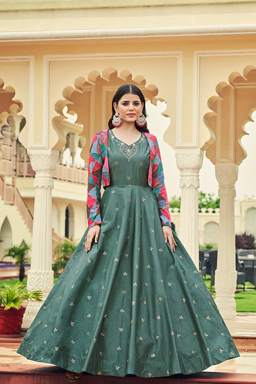 Dusty Green Cotton Sequince Embroidered Anarkali Gown
