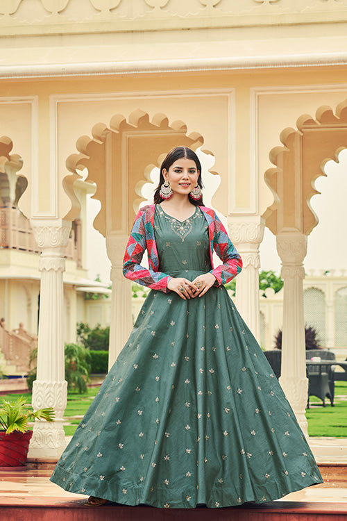 Dusty Green Cotton Sequince Embroidered Anarkali Gown