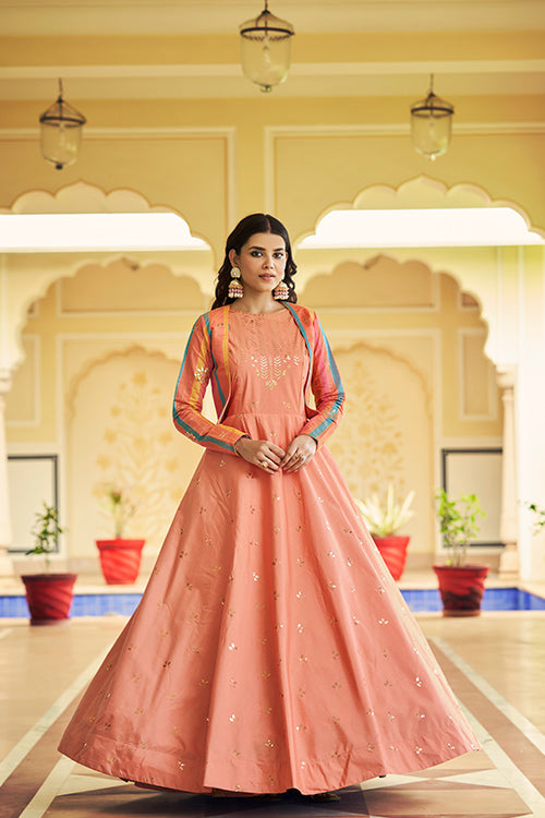 Peach Cotton Sequince Embroidered Anarkali Gown