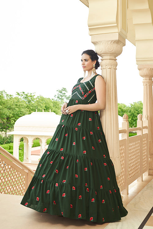 Olive Green Georgette Thread And Sequince Embroidered Anarkali Gown