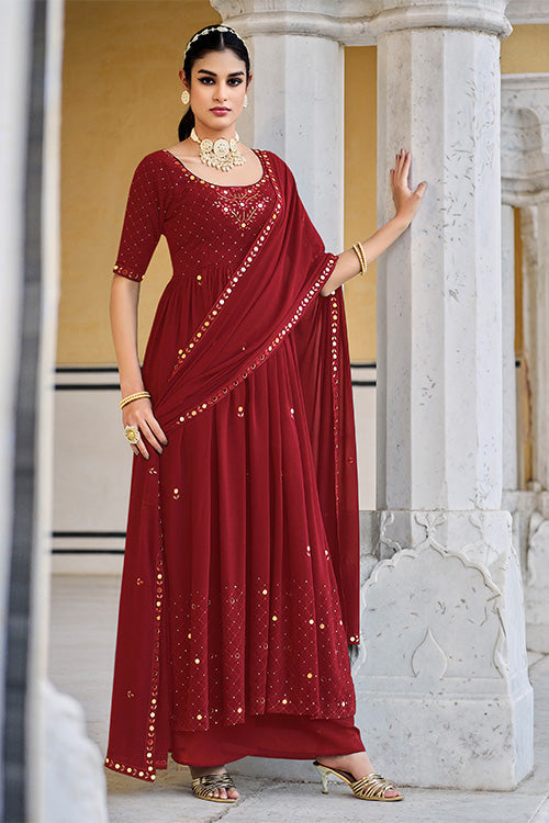 Red Georgette Embroidered Work Kurta Palazzo Dupatta Set