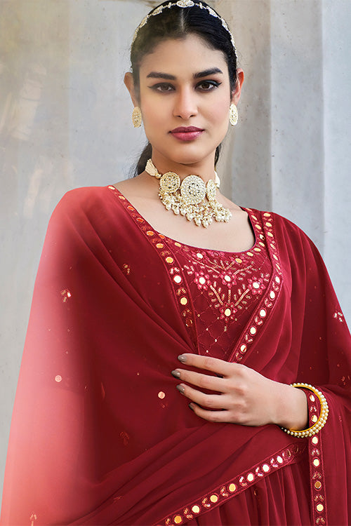 Red Georgette Embroidered Work Kurta Palazzo Dupatta Set