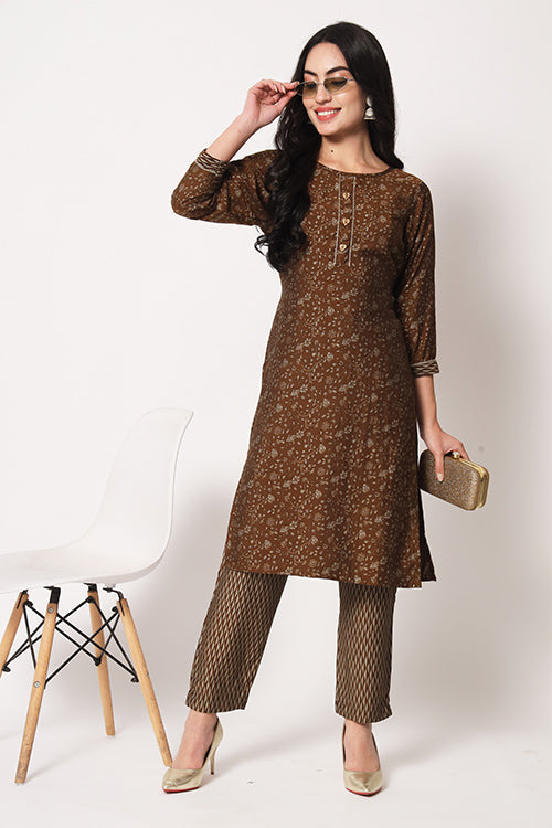 Office Wear Maslin Silk Stitched Foil Print Kurta Pant Set