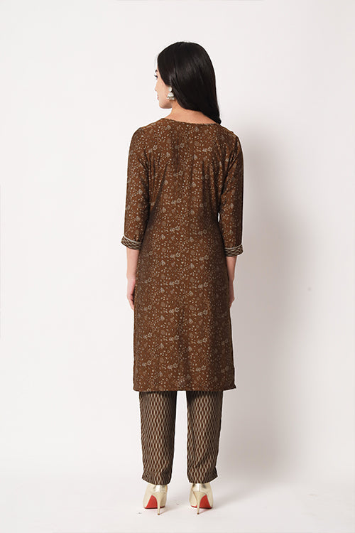 Office Wear Maslin Silk Stitched Foil Print Kurta Pant Set