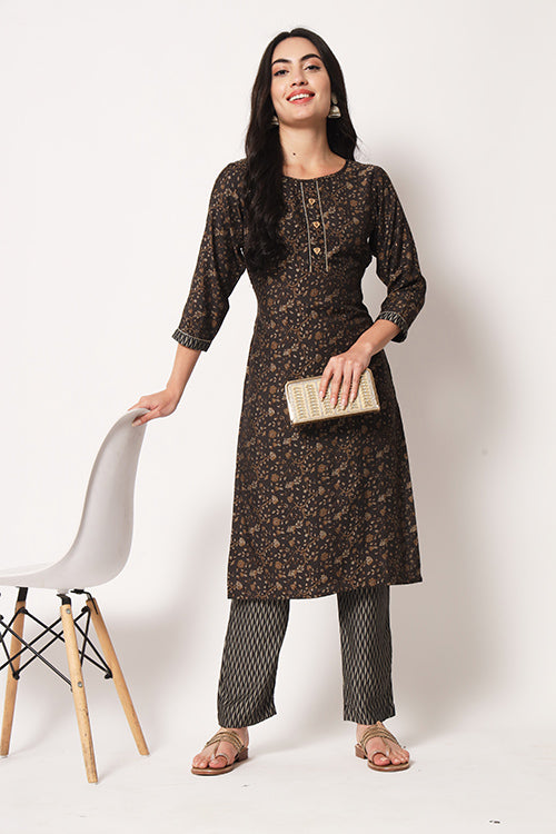 Office Wear Maslin Silk Stitched Foil Print Kurta Pant Set