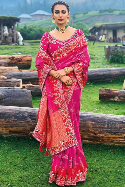 Embroidered Dola Silk With Khatli Work Saree With Banglori Silk Blouse Piece