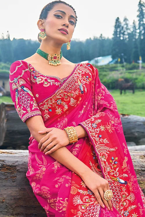 Embroidered Dola Silk With Khatli Work Saree With Banglori Silk Blouse Piece