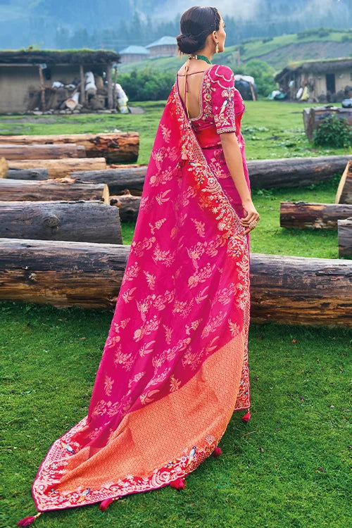 Embroidered Dola Silk With Khatli Work Saree With Banglori Silk Blouse Piece