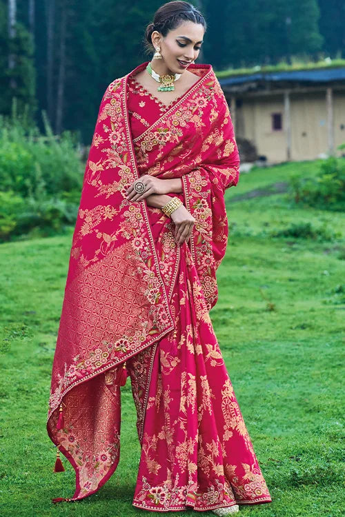 Heavy Embroidery Dola Silk Saree With Designer Blouse Piece At Shubhkala Fashion