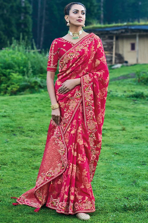 Heavy Embroidery Dola Silk Saree With Designer Blouse Piece At Shubhkala Fashion