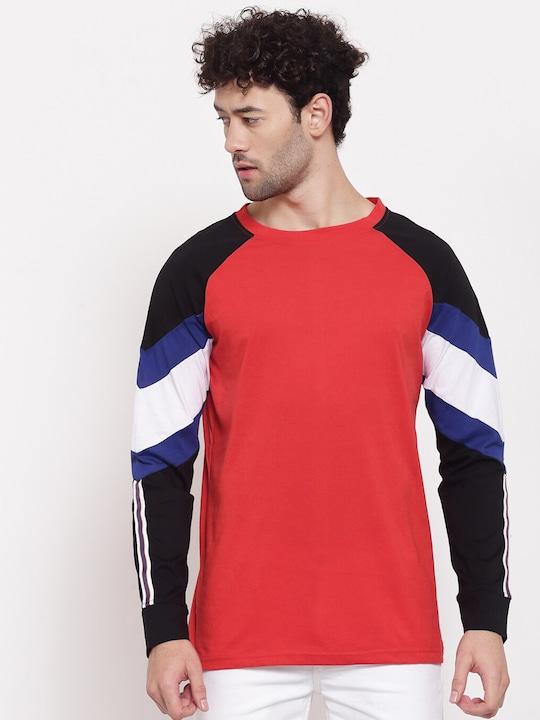 Cotton Color Block Full Sleeves Mens Round Neck T-Shirt