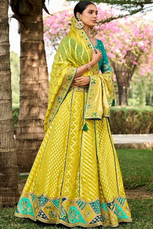 Superlative Yellow Rasham A Line Lehenga Choli With Dupatta At Shubhkala Fashion