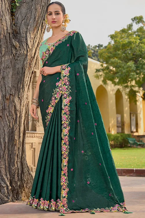 Heavy Sequins Embroidery Handwork Organza Silk Saree With Blouse