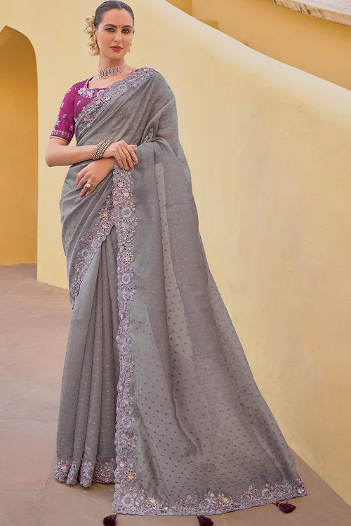 Silk Resham Embroidered Light Weight Saree With Blouse Piece At Shubhkala