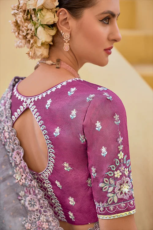 Silk Resham Embroidered Light Weight Saree With Blouse Piece At Shubhkala