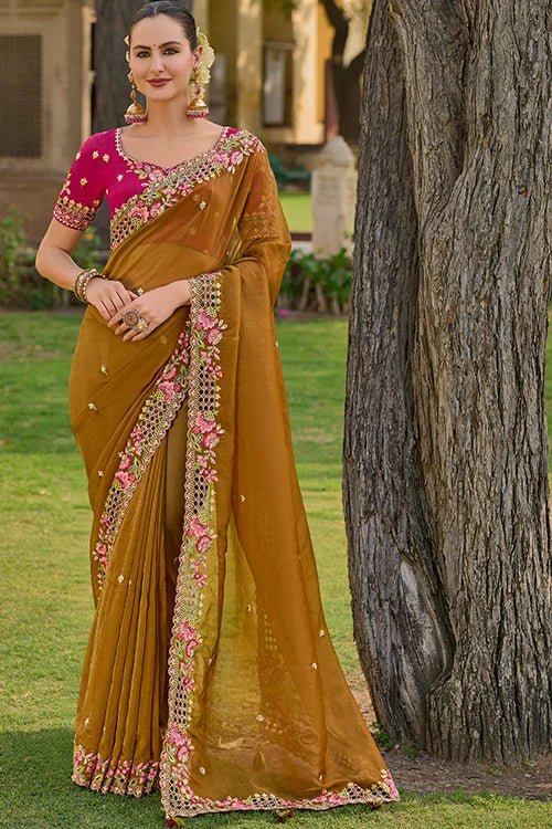 Organza Silk Handwork Saree With Blouse Piece At Shubhakala