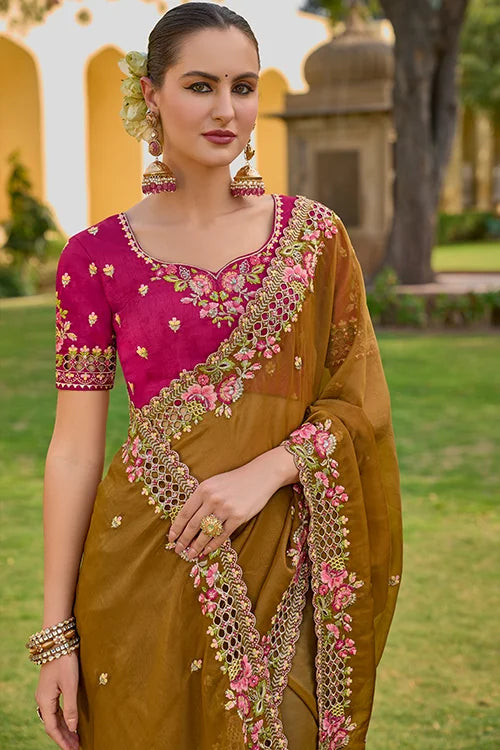 Organza Silk Handwork Saree With Blouse Piece At Shubhakala