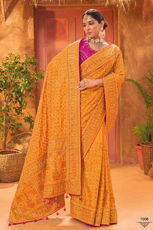 Fascinating Yellow Banarasi Silk With Diamond Heavy Mirror Work Saree With Blouse