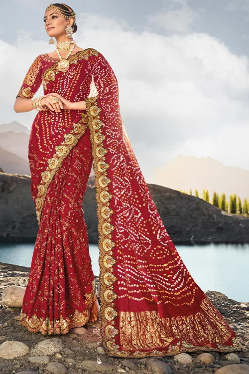 New Marriage Collection In Woven Bandhej Satin Silk Saree With Heavy Designer Blouse