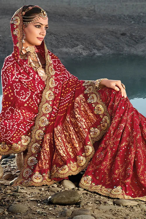 New Marriage Collection In Woven Bandhej Satin Silk Saree With Heavy Designer Blouse