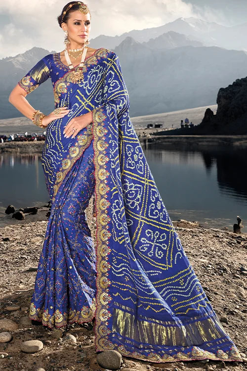 Tempting Satin Silk Pure Gajji Bandhani Saree With Heavy Embroidery Work Blouse Piece