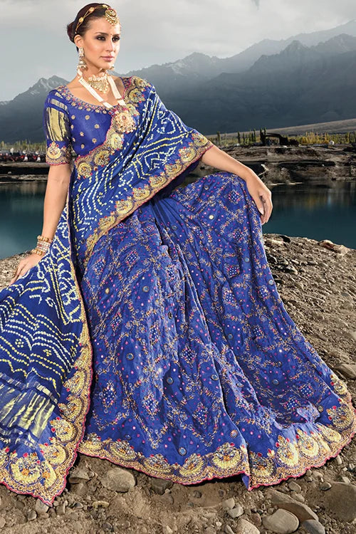 Tempting Satin Silk Pure Gajji Bandhani Saree With Heavy Embroidery Work Blouse Piece