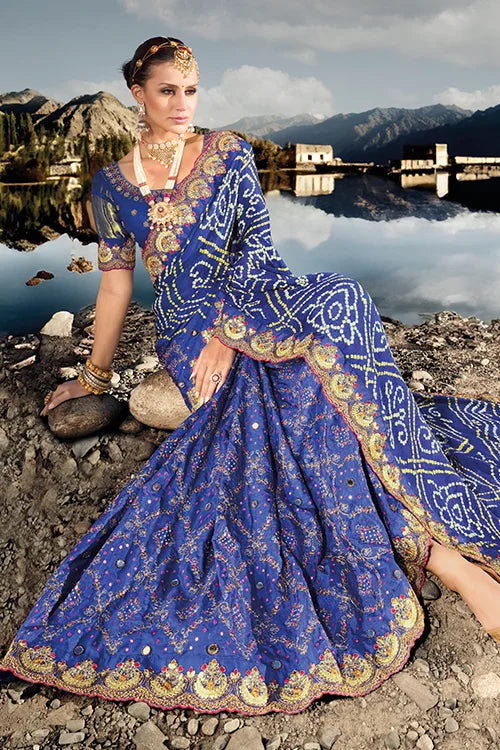Tempting Satin Silk Pure Gajji Bandhani Saree With Heavy Embroidery Work Blouse Piece