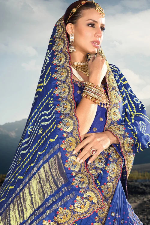 Tempting Satin Silk Pure Gajji Bandhani Saree With Heavy Embroidery Work Blouse Piece