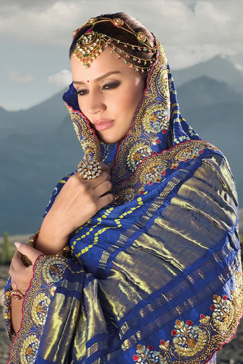 Tempting Satin Silk Pure Gajji Bandhani Saree With Heavy Embroidery Work Blouse Piece
