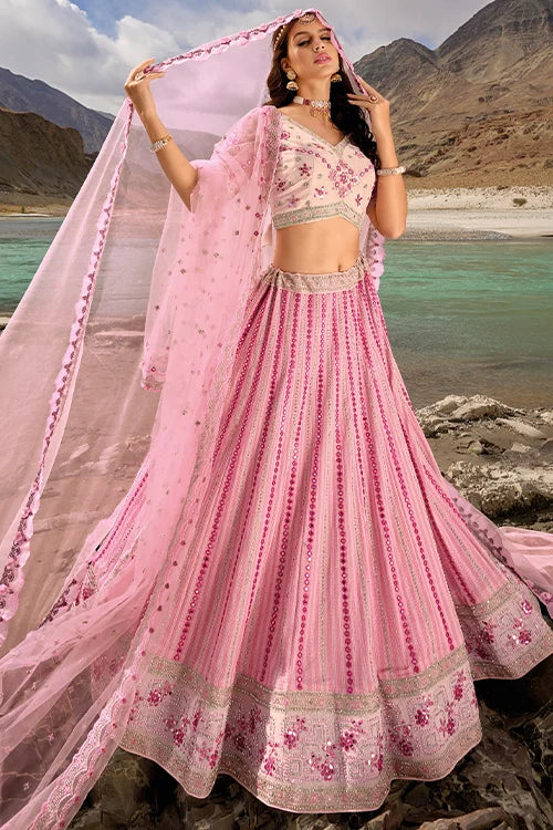 Gorgeous Mirror Work Pure Georgette Sequins Wedding Chaniya Choli With Dupatta