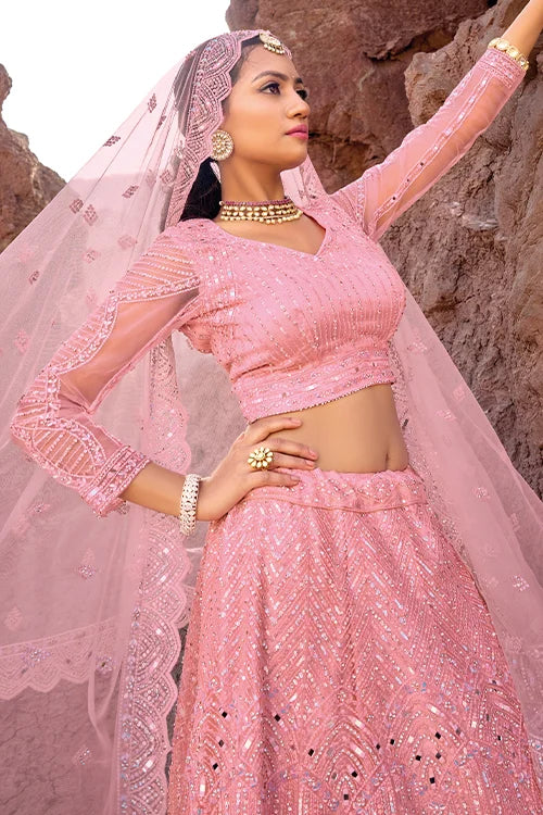 Sequins Pure Net Heavy Bridal Lehenga Choli With Dupatta At Shubhkala Fashion