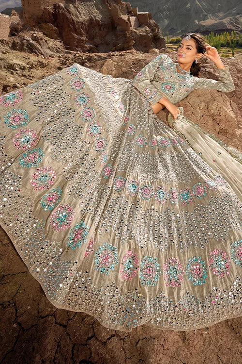 Charming Sage Brown Mirror Zarkan Pure Georgette Lehenga Choli With Dupatta