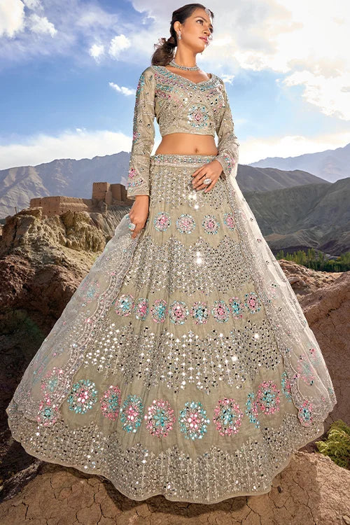 Charming Sage Brown Mirror Zarkan Pure Georgette Lehenga Choli With Dupatta