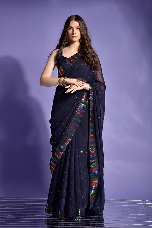 Navy Blue Designer Saree with Sequins Border