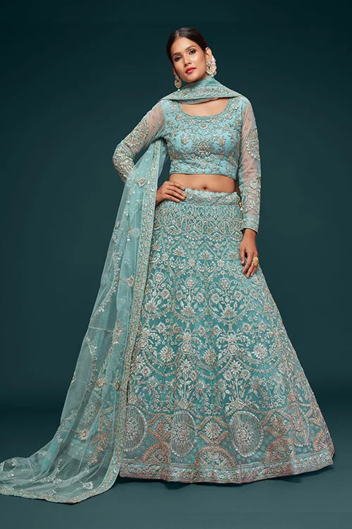 Ocean Aqua Wedding Lehenga Choli – Soft Net Perfection
