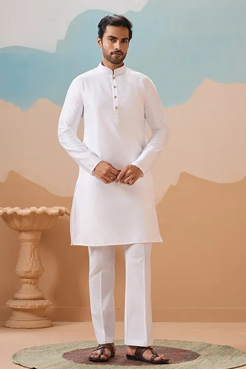 White Wedding Wear Carnival Koti Kurta Pair for Mens Wear