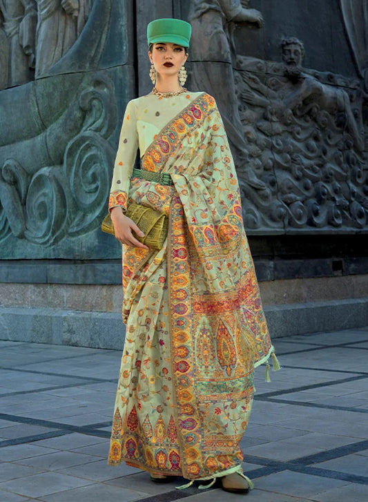 Art Silk Light Pista Saree with Handloom Weaving Work