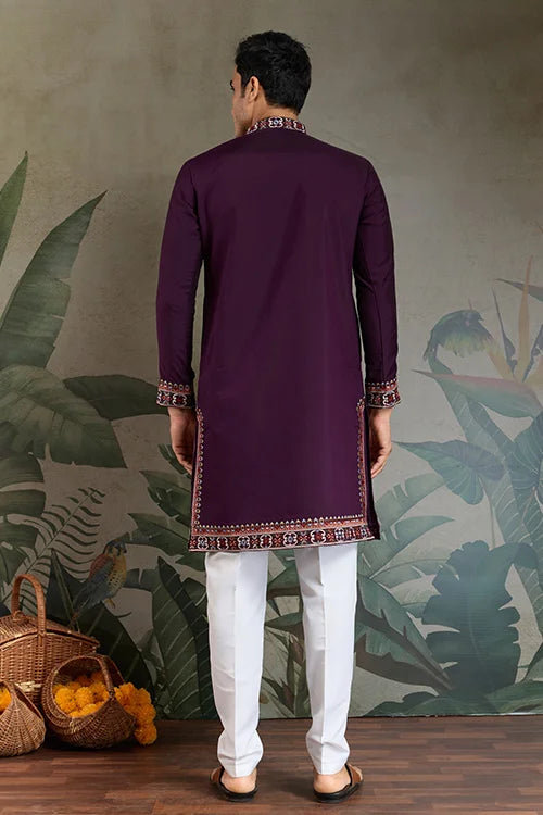 Engagement Special Purple Viscose Silk Outfit Kurta for Men