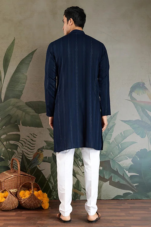 Elegant Navy Blue Mens Wear Kurta Set with Dupatta