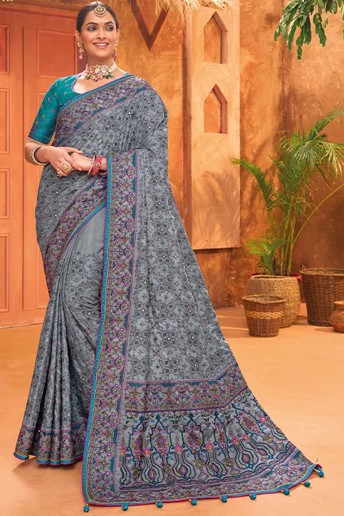 Bandhani Silk Mirror Work Saree with Blouse Piece