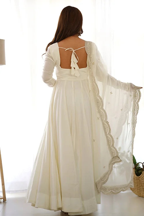 Ready to Wear Off White Pure Roman Silk Anarkali Gown with Dupatta