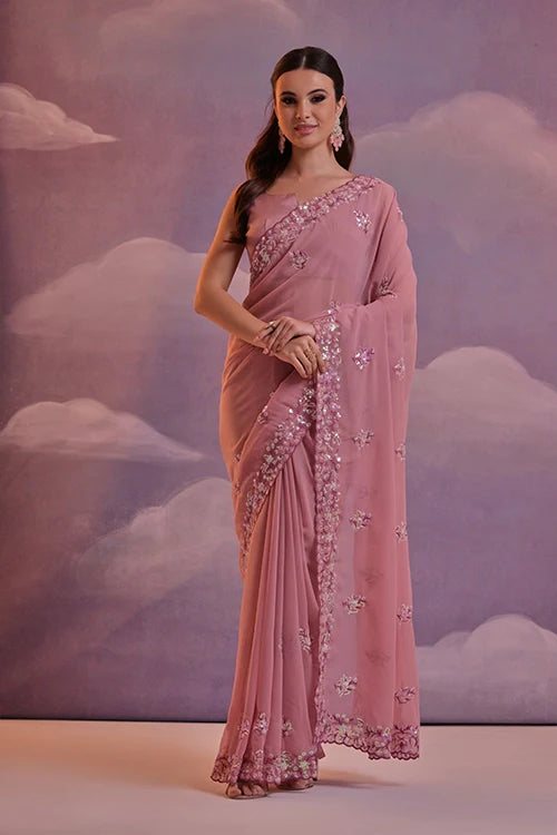 Onion Shade Soft Georgette Saree with Sequins Work