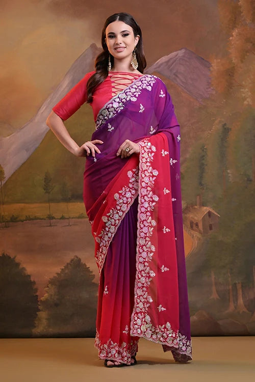 Beautiful C Pallu Pink Georgette Party Saree Online
