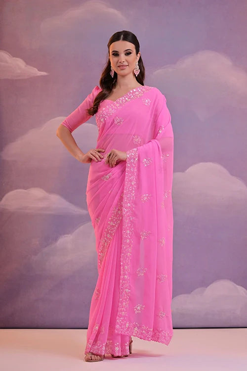 Designer Pink Soft Georgette Saree with Sequins Work